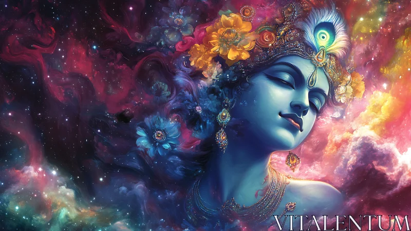 Blue celestial figure within multicolored cosmic clouds.