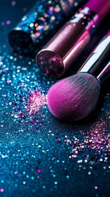 Neon makeup brush rests in shimmering cosmetic glitter haze.