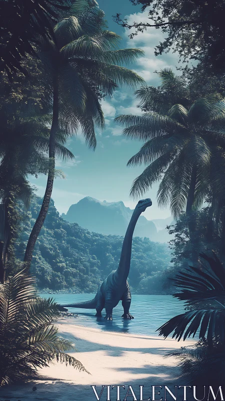 Gentle dinosaur wanders a tranquil tropical lakeside dream