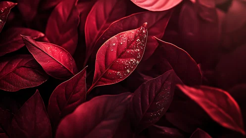 Crimson macro foliage with speckled central leaf focus.