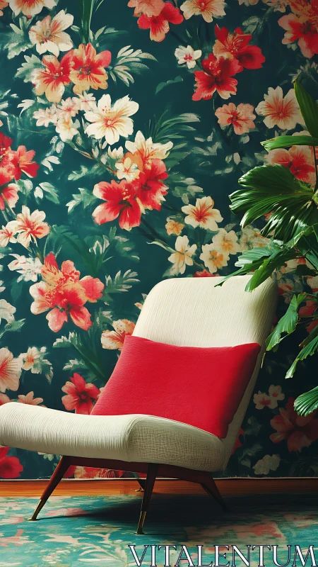 Lounge chair drifts like a calm island in floral thunder