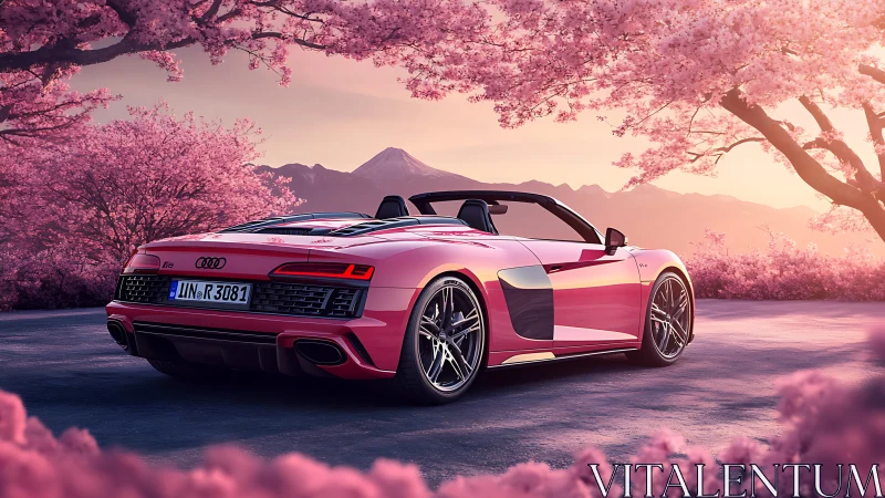 Convertible sports car is parked under dense pink blossoms