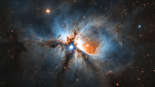 Nebula heartstorm ignites blue fire amid golden dustfall.