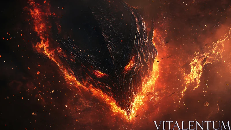 Fiery demonic face emerging from molten darkness flame.