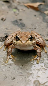 Brown frog crouches on wet ground with bright reflective eyes.