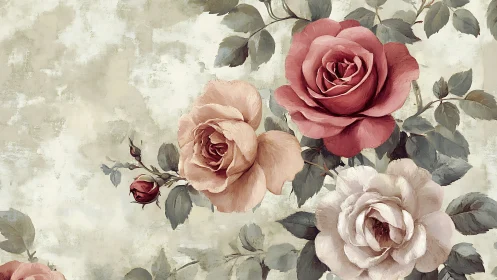 Vintage Floral Composition: Pink and Cream Roses with Botanical Foliage