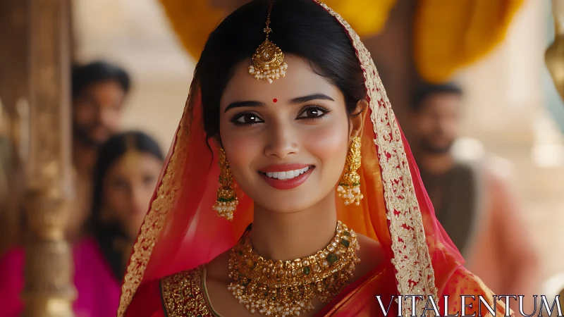 Bridal portrait shows ornate gold jewelry, detailed sari embroidery