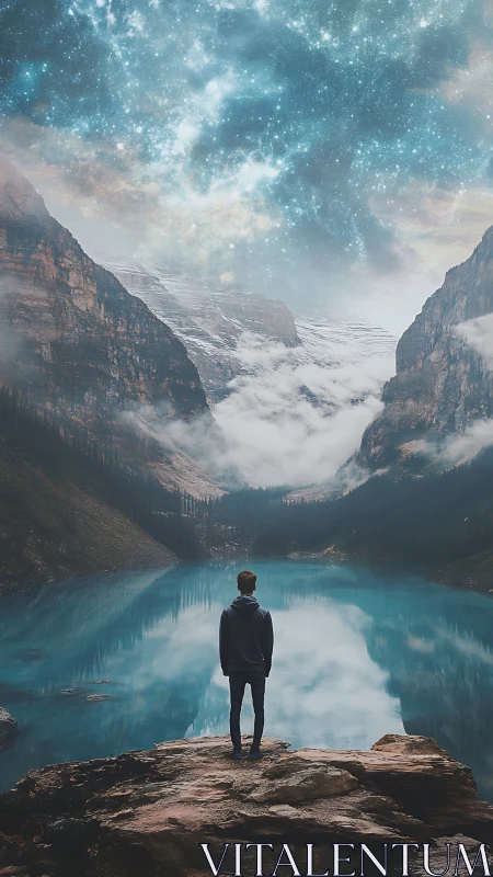 Solitary figure at turquoise alpine lake under starry nebula