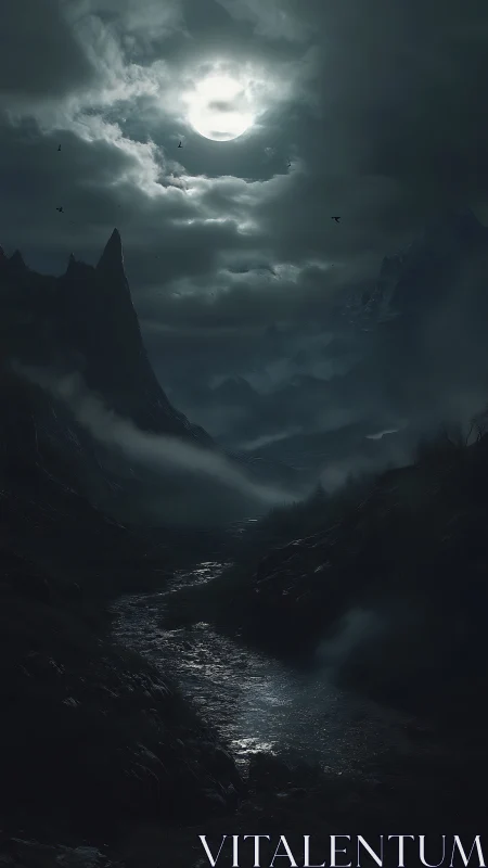 Moonlit mountain valley wrapped in mist and quiet mystery.