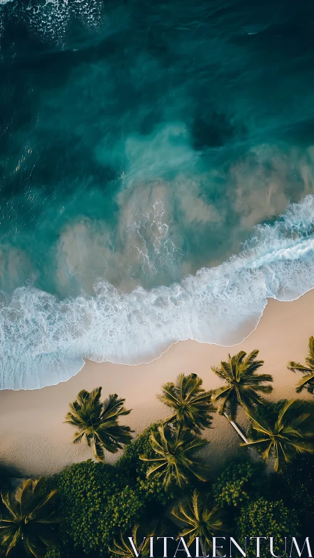 Tropical shoreline aerial with turquoise surf and palms.