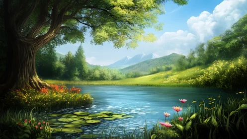 Serene lakeside meadow under volumetric daylight and layered mountains