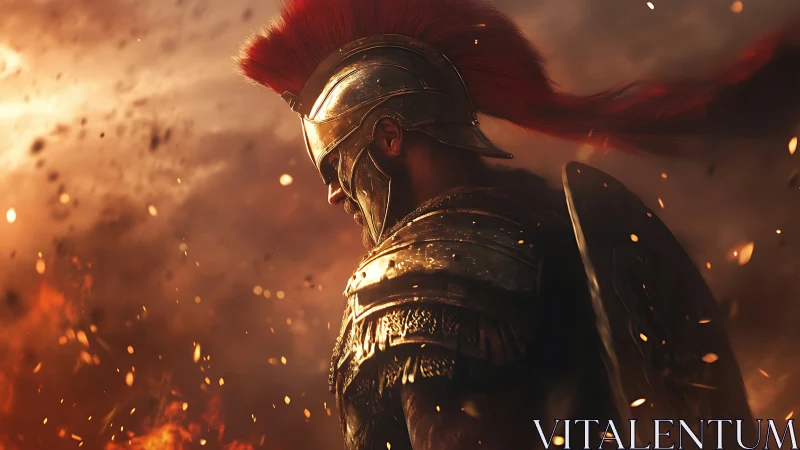 Spartan warrior strides through embers under blazing sky.