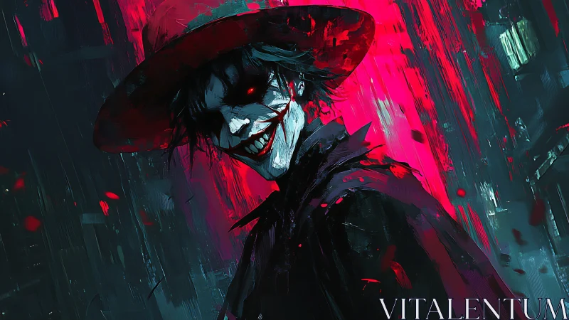 Neon grin in scarlet rain, a laughing shadow stalks midnight.