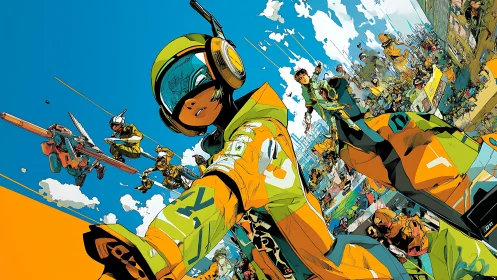 Futuristic urban racers in stylized orange and green gear.