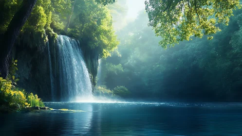 Sunlit forest waterfall pours into tranquil blue lagoon