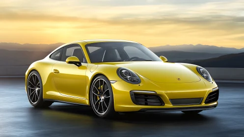 Yellow sports coupe glows against minimalist sunset horizon.