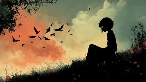 Silhouetted figure on hillside with birds against dusk sky.