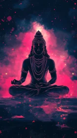 Cosmic meditating deity in neon magenta energy field.