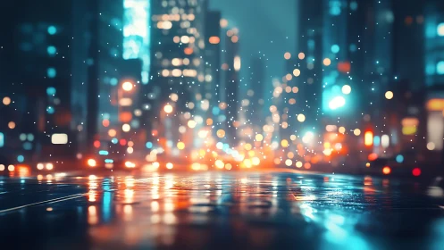 Wet city street reflects blurred night traffic and lights clearly