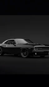Black classic muscle car is rendered on a dark studio background