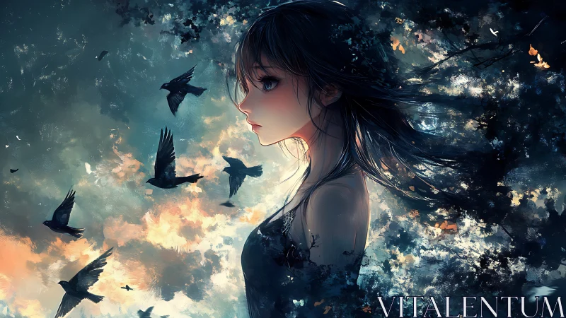 Solitary anime girl in stormy sky with dark birds in flight.
