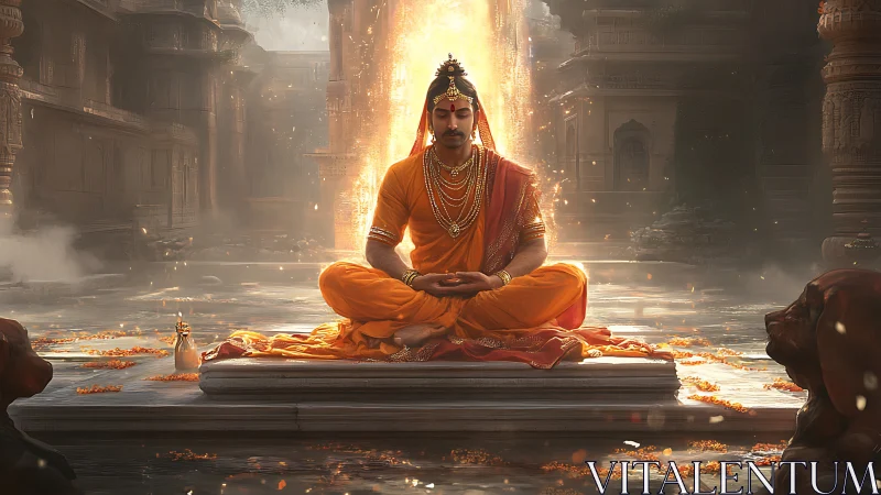 Serene royal meditator glowing in golden temple calm.