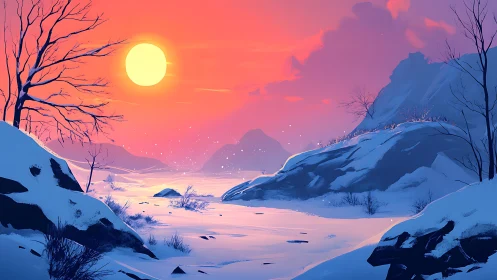 Radiant winter sunset illuminates stylized alpine valley