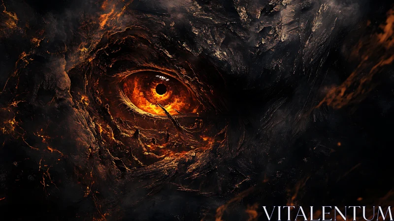 Molten demonic eye emerges from charred volcanic darkness