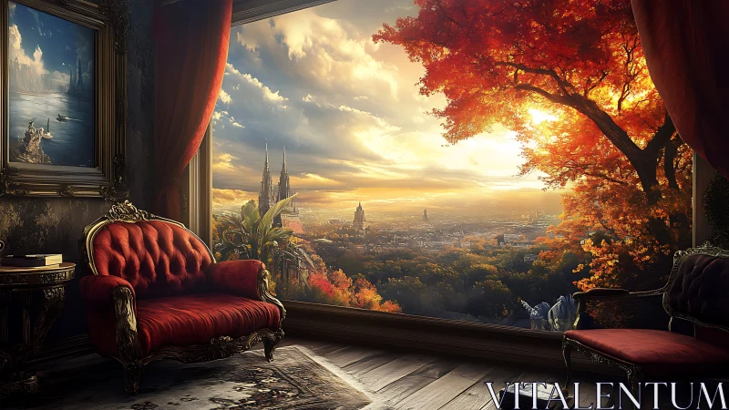 Opulent parlor overlooks autumn city under golden sunset