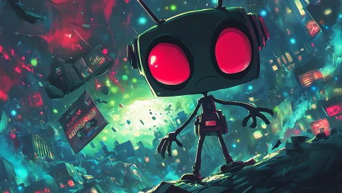Neon-eyed robot drifter surveys a collapsing cyber-night cityscape.