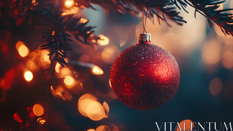 Red Christmas bauble glows among warm festive tree lights.