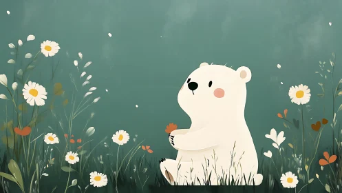 White cartoon bear sitting in meadow with flowers. Period.