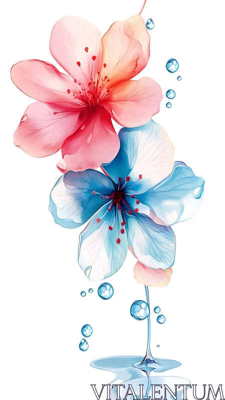 Translucent Floral Composition with Watercolor Gradient and Suspended Liquid Droplets