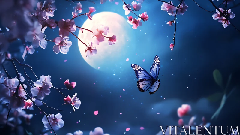 Moonlit butterfly passes between cherry branches in bloom