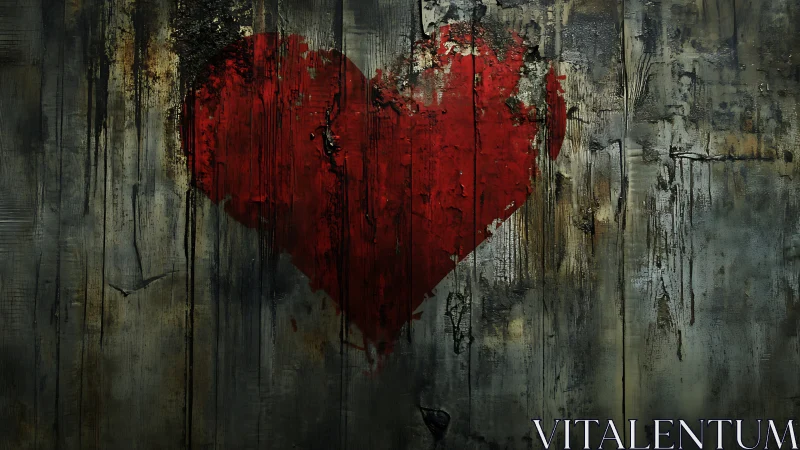 Red heart bleeds across weathered wooden boards.
