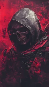 Hooded skeletal reaper emerges through swirling crimson smoke.