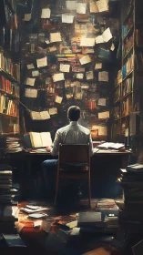 Man in study surrounded by flying pages and tall bookshelves.