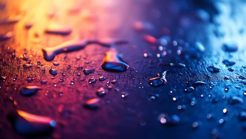 Glistening water droplets glowing in soft neon twilight.