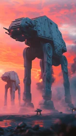 Walker mechs advance through mist under vivid red sky