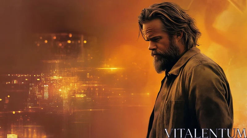 Bearded man stands against orange digital city backdrop