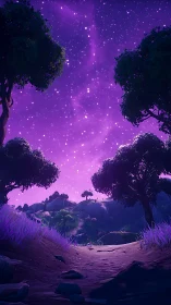 Starlit violet sky above stylized valley pathway at night.