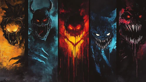 Vertically split demonic portraits rendered in high contrast neon hues