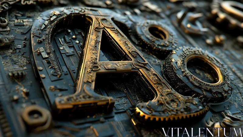 Ornate metallic letterforms emerge from intricate circuit relief