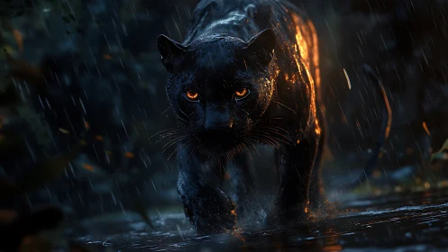 Black Panther in Rain: Digital Wildlife Illustration.