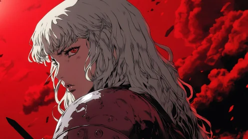 Armored warrior portrait under high-contrast crimson storm sky