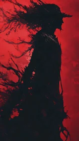 Silhouetted humanoid figure dissolves into abstract dark shapes