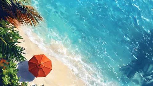 Tropical shoreline with orange beach umbrella and surf.