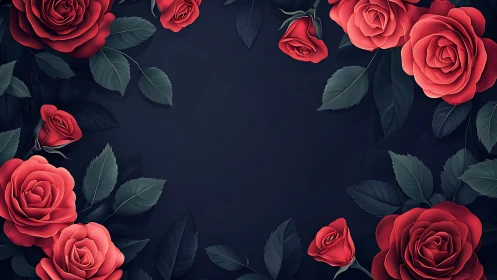 Red roses with dark foliage arranged on black background space