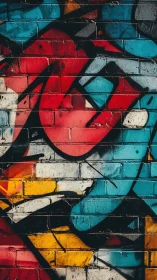 Angular street graffiti overlays textured brick surface in color