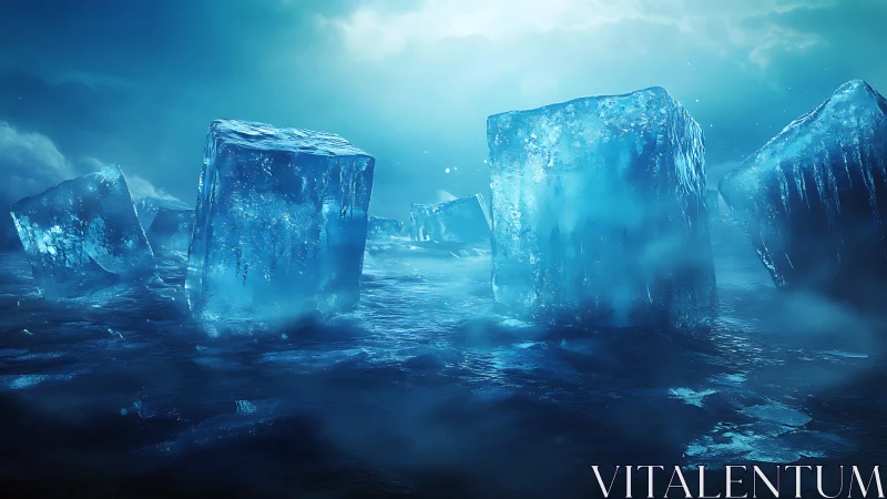 Large translucent ice cubes rest on a cold reflective surface